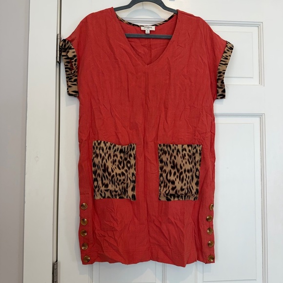 Umgee Tops - Umgee Coral Tunic Dress with Leopard Patch Pockets
